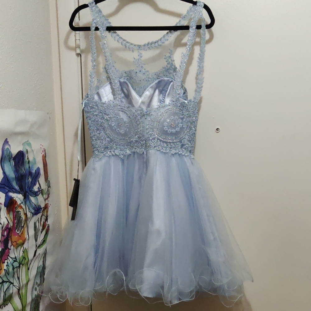 Elegant Ice Blue Lace And Rhinestone Formal Dress - Picture 3 of 10